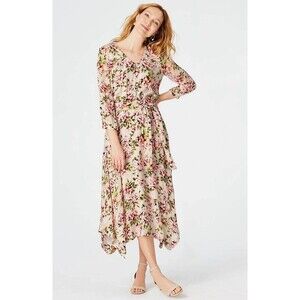 J. Jill Soft Light Dipped Hem Dress Petite Size XS Hydrangea Garden Floral Midi